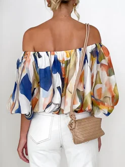 Boat Neck Vacation Loose Floral Print Shirt