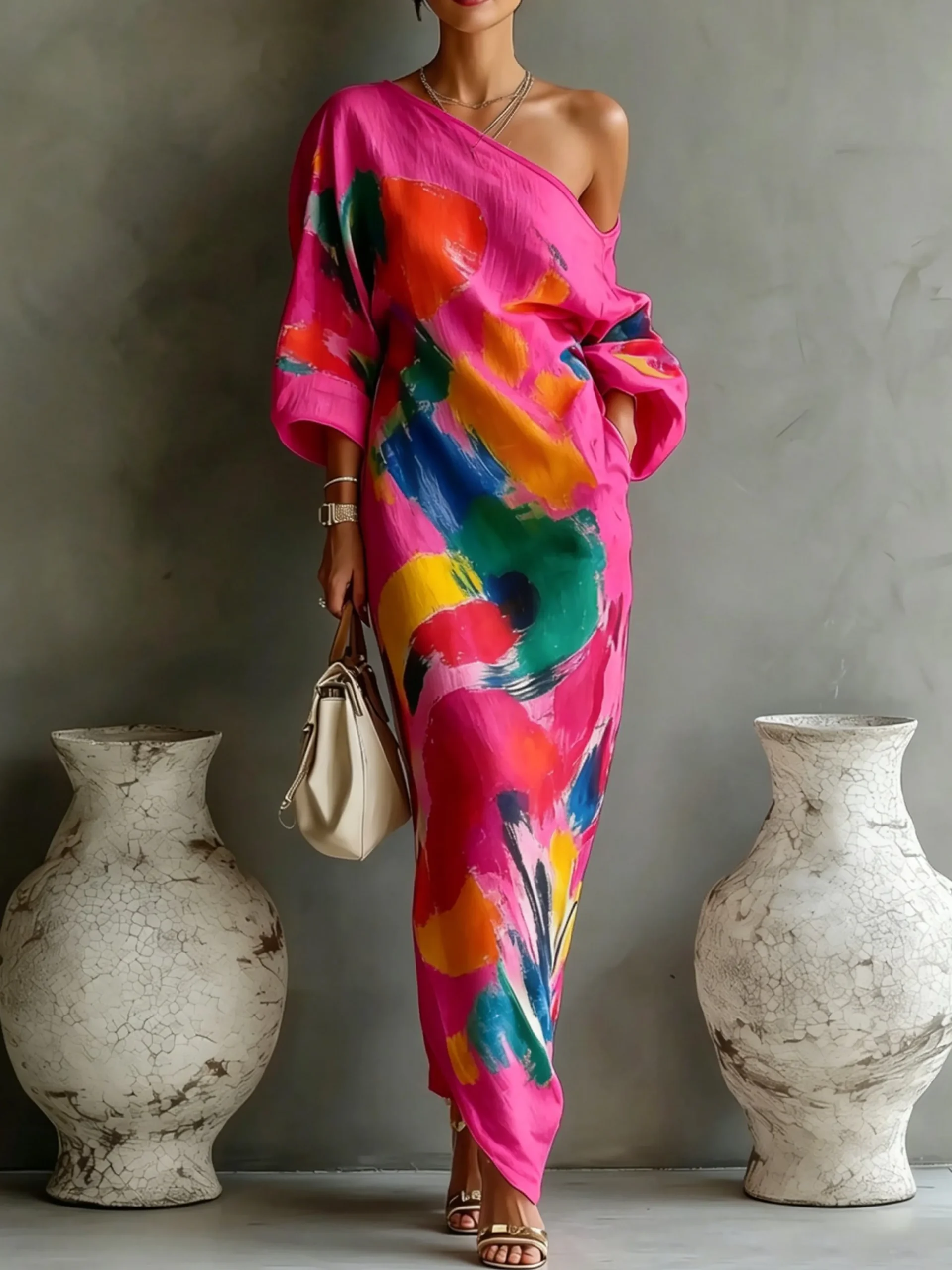 Casual Abstract Print H-Line Asymmetrical Maxi Dress With Belt
