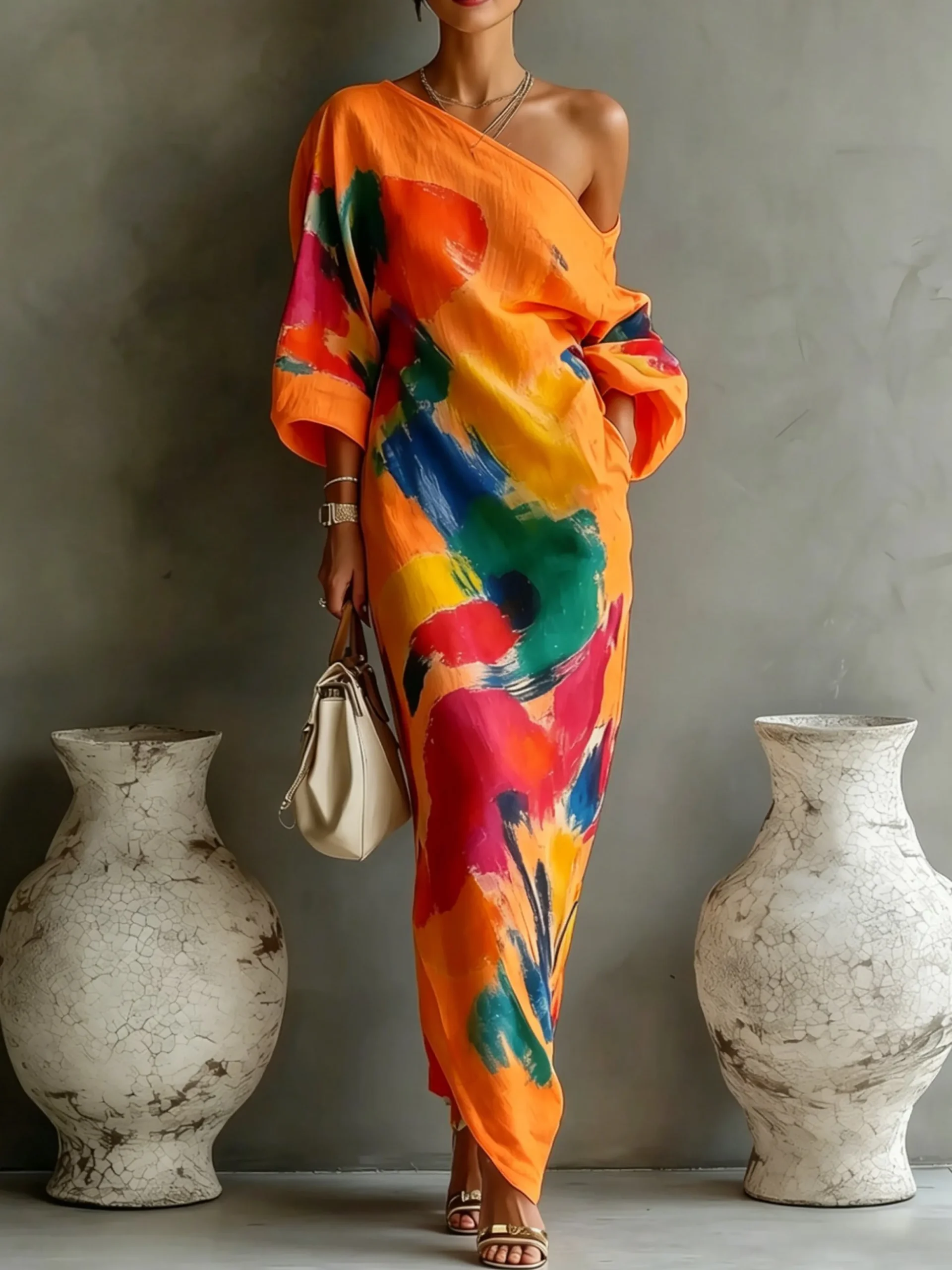 Casual Abstract Print H-Line Asymmetrical Maxi Dress With Belt