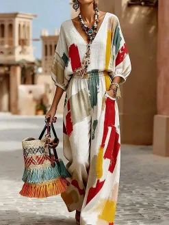 Casual Abstract Printing V Neck Blouse