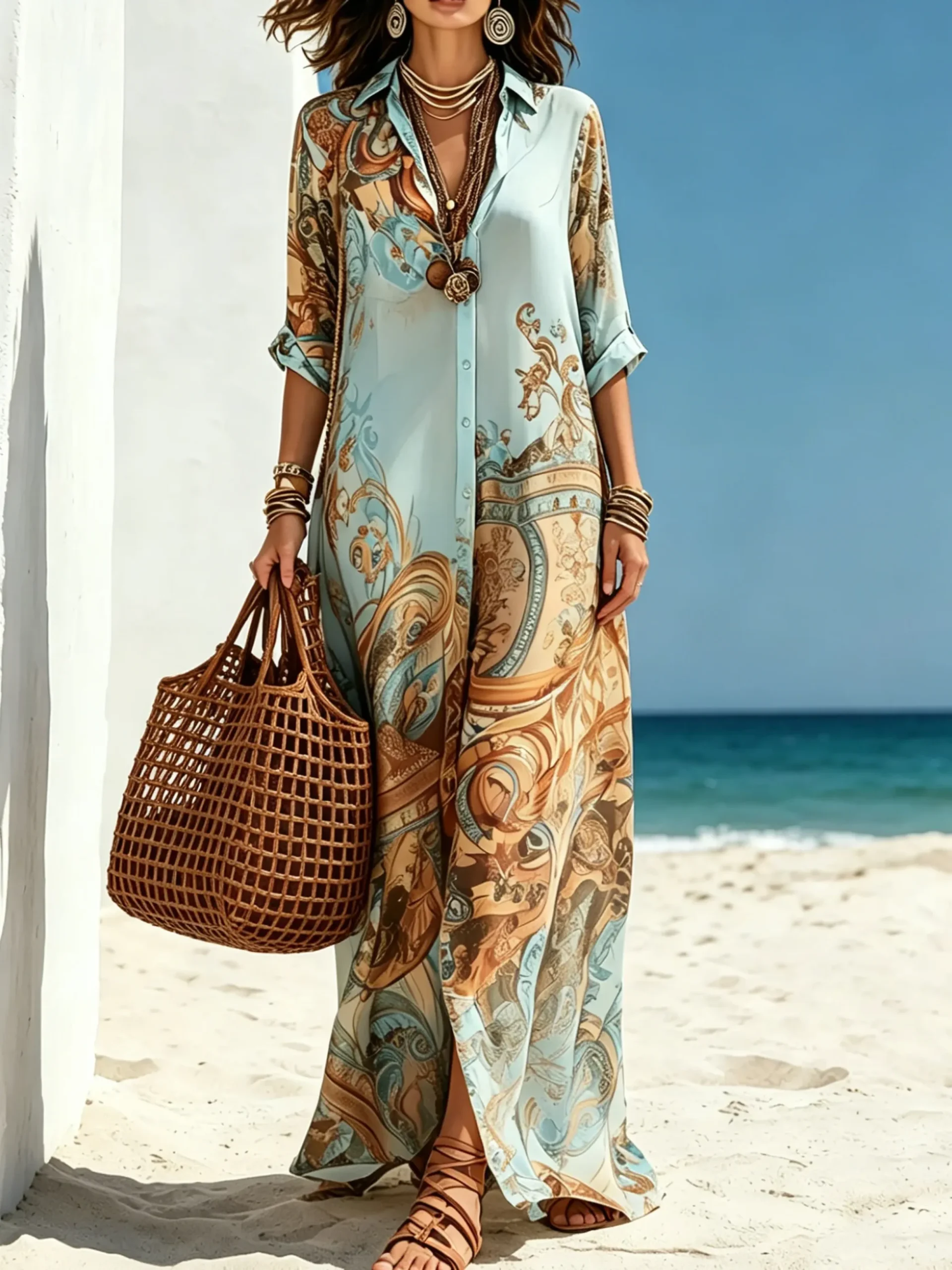 Casual Abstract Print Relaxed Maxi Shirt Dress