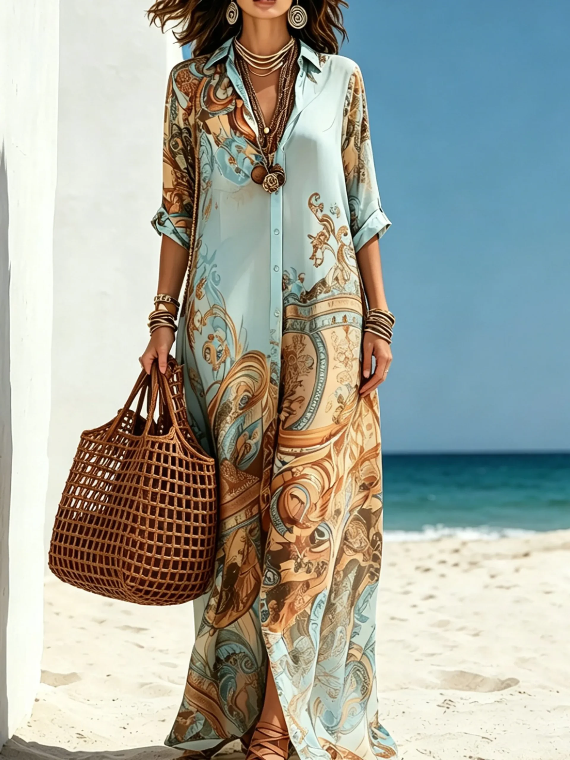 Casual Abstract Print Relaxed Maxi Shirt Dress
