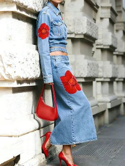 Casual Buttoned Floral Lapel Collar Denim Coat