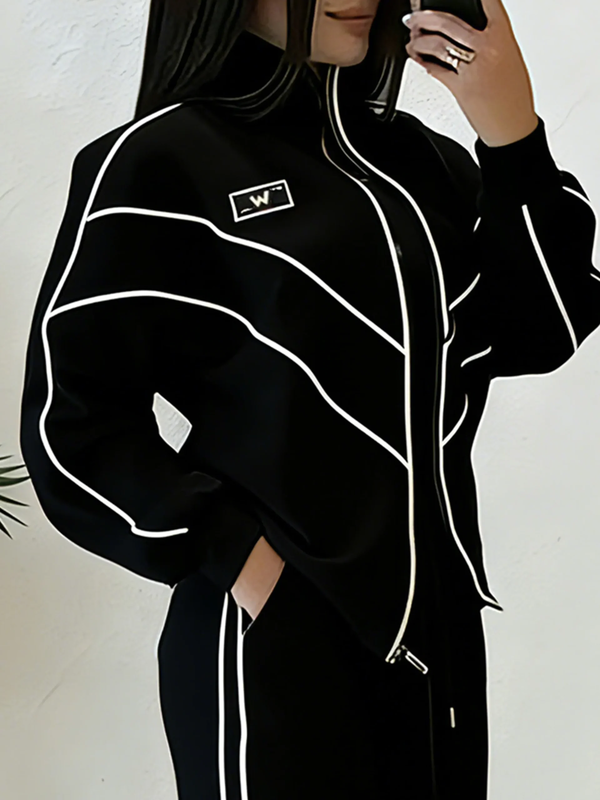 Casual Color Block Blazer Loose Stand Collar H-Line Daily Jacket