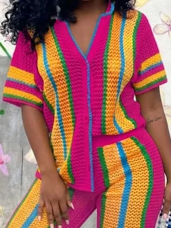 Casual Color Block Buttoned Shawl Collar Knit Top