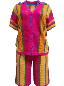 Casual Color Block Buttoned Shawl Collar Knit Top