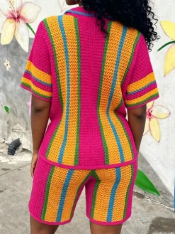 Casual Color Block Buttoned Shawl Collar Knit Top