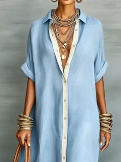 Casual Colorblock Relaxed Maxi Shirt Dress