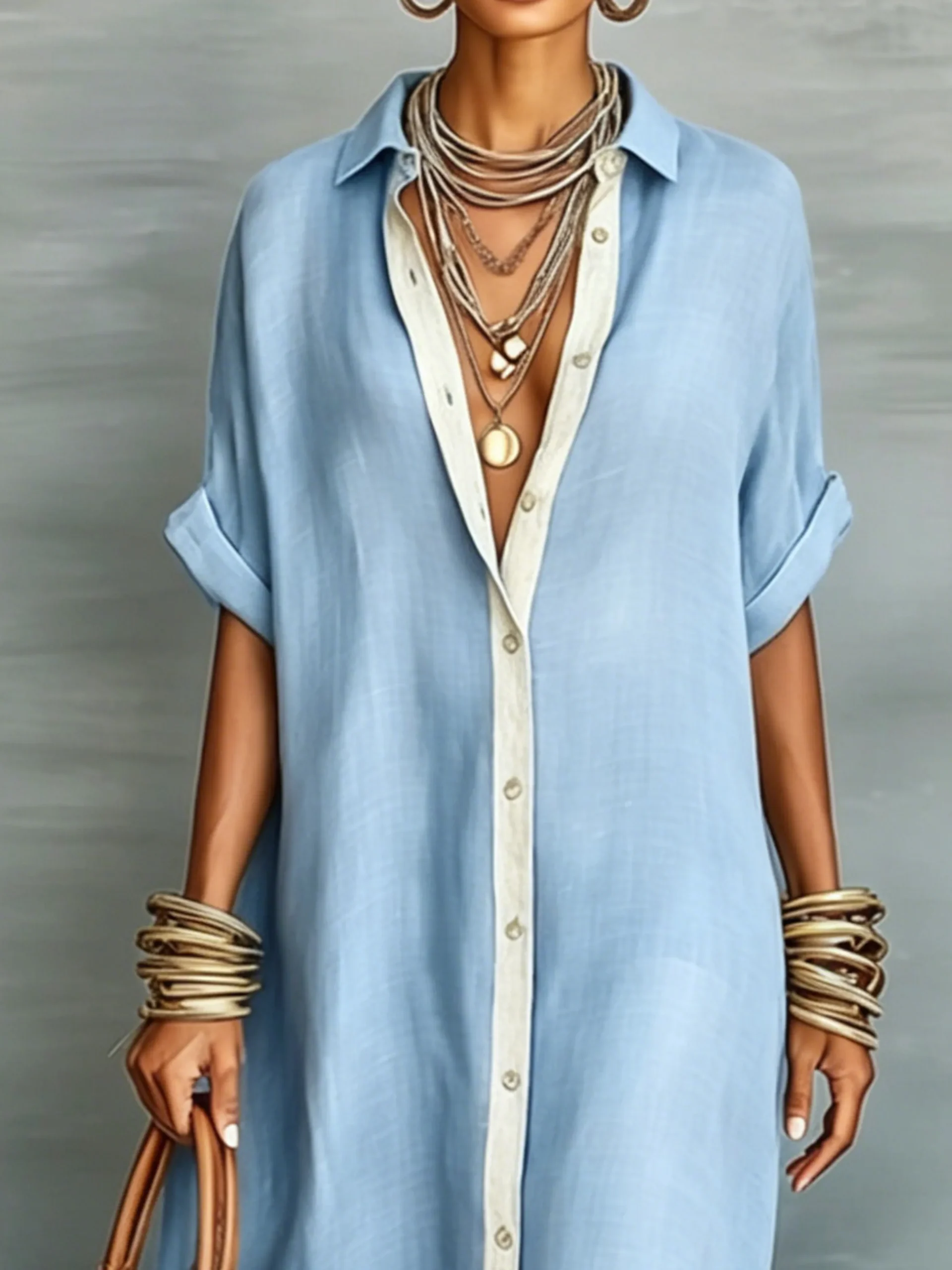 Casual Colorblock Relaxed Maxi Shirt Dress