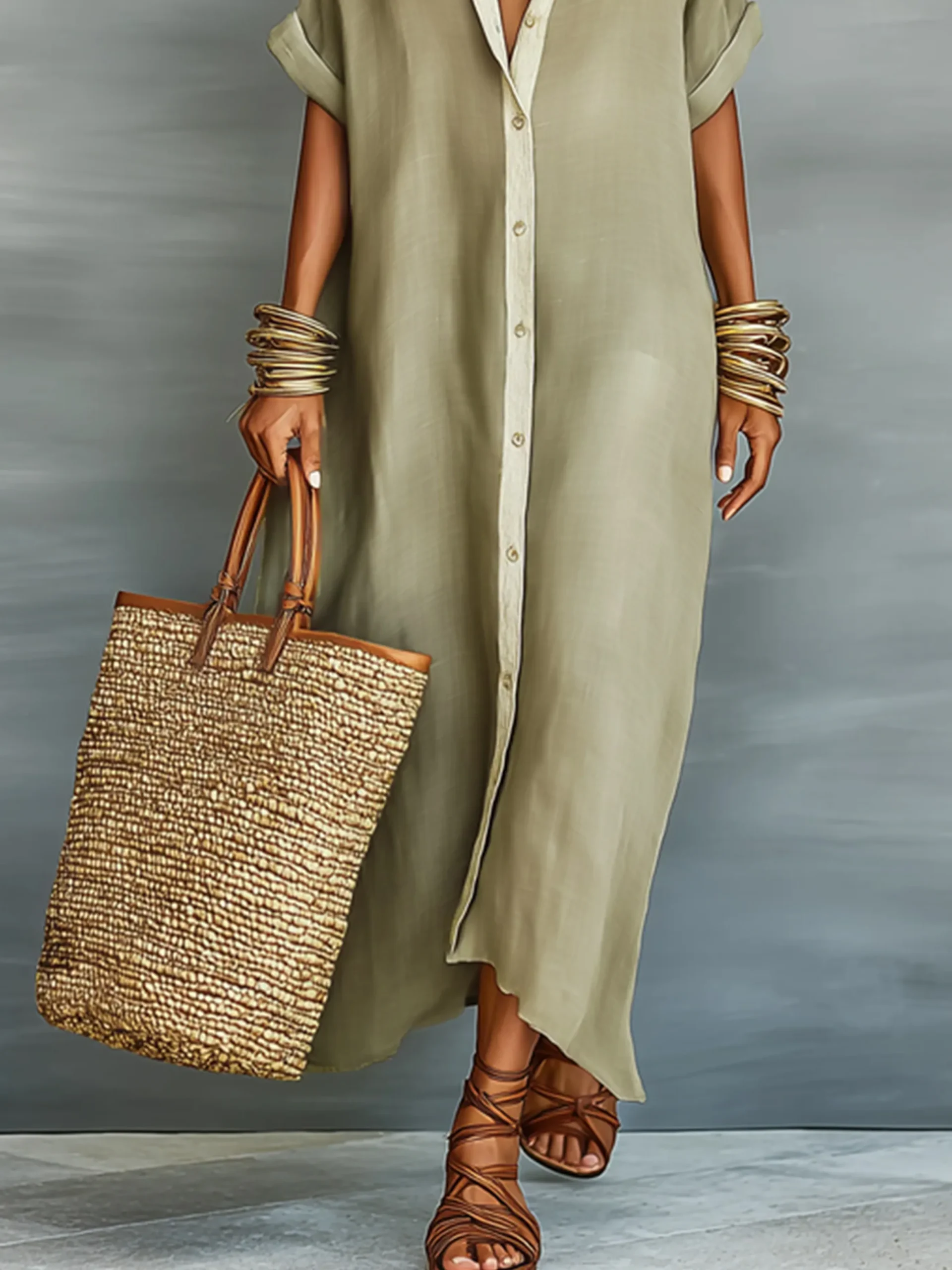 Casual Colorblock Relaxed Maxi Shirt Dress