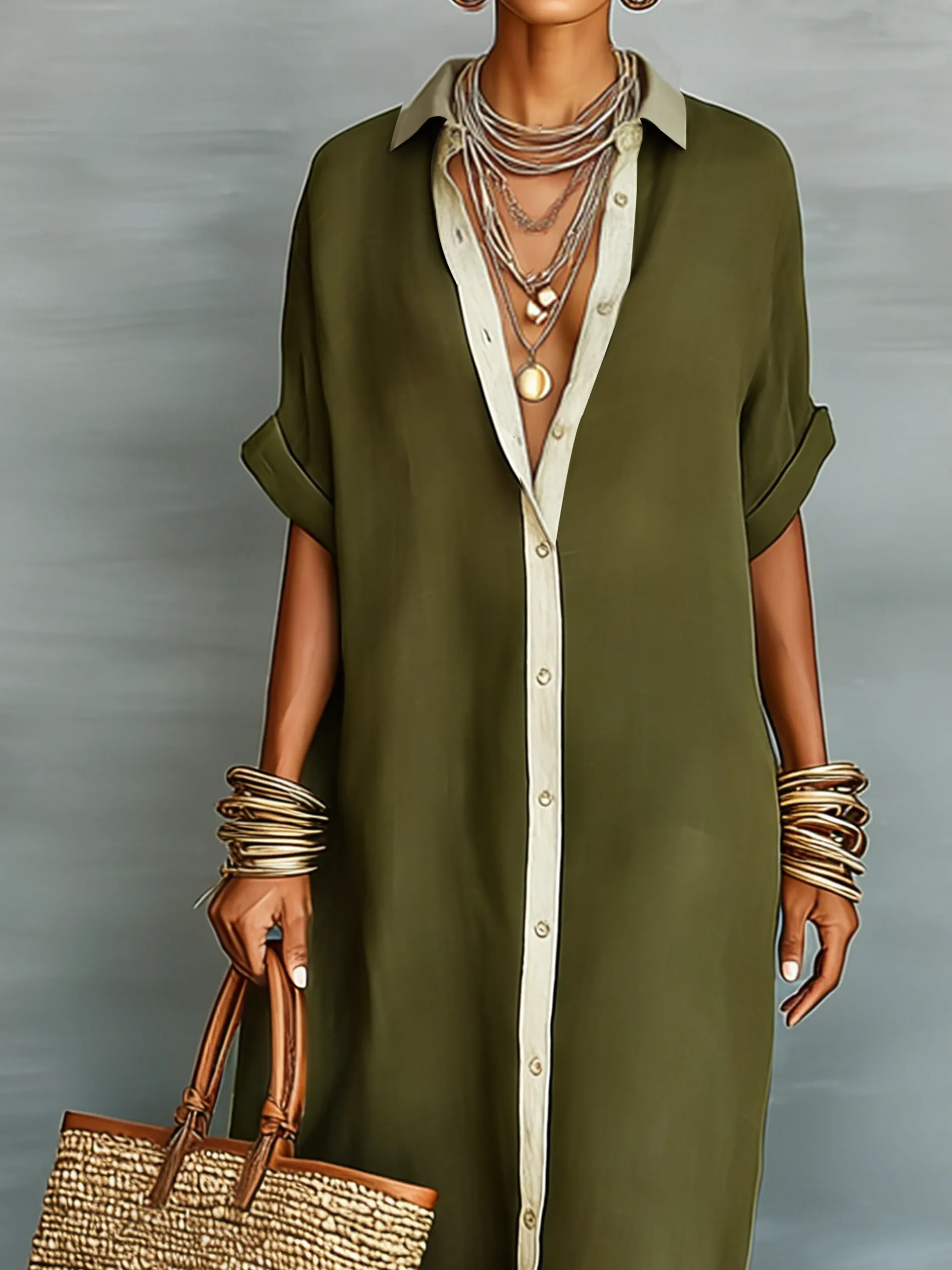 Casual Colorblock Relaxed Maxi Shirt Dress