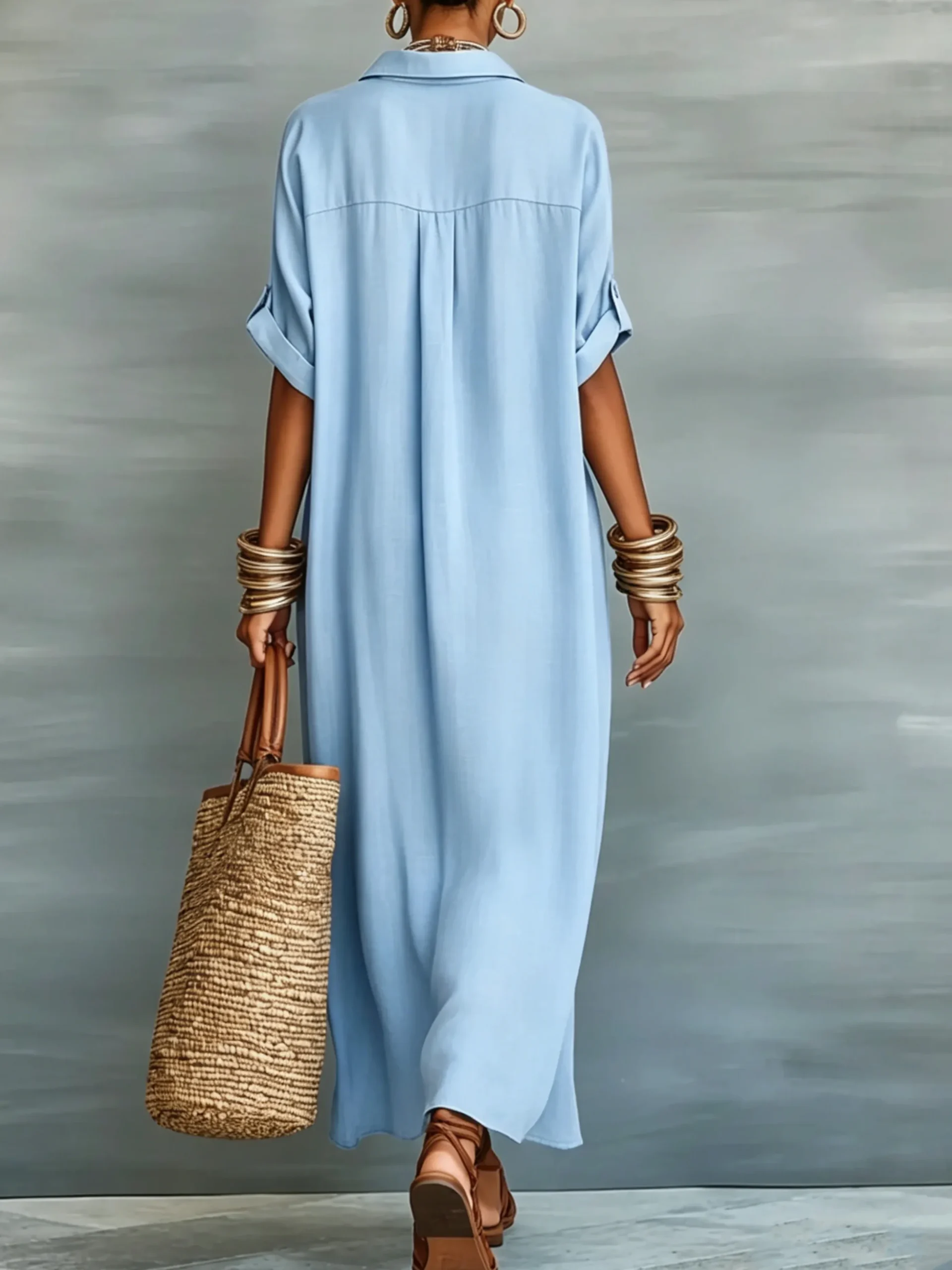Casual Colorblock Relaxed Maxi Shirt Dress