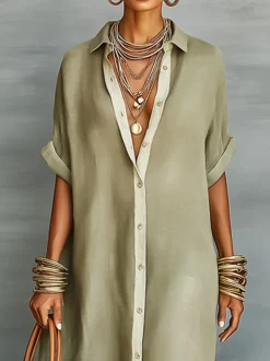 Casual Colorblock Relaxed Maxi Shirt Dress