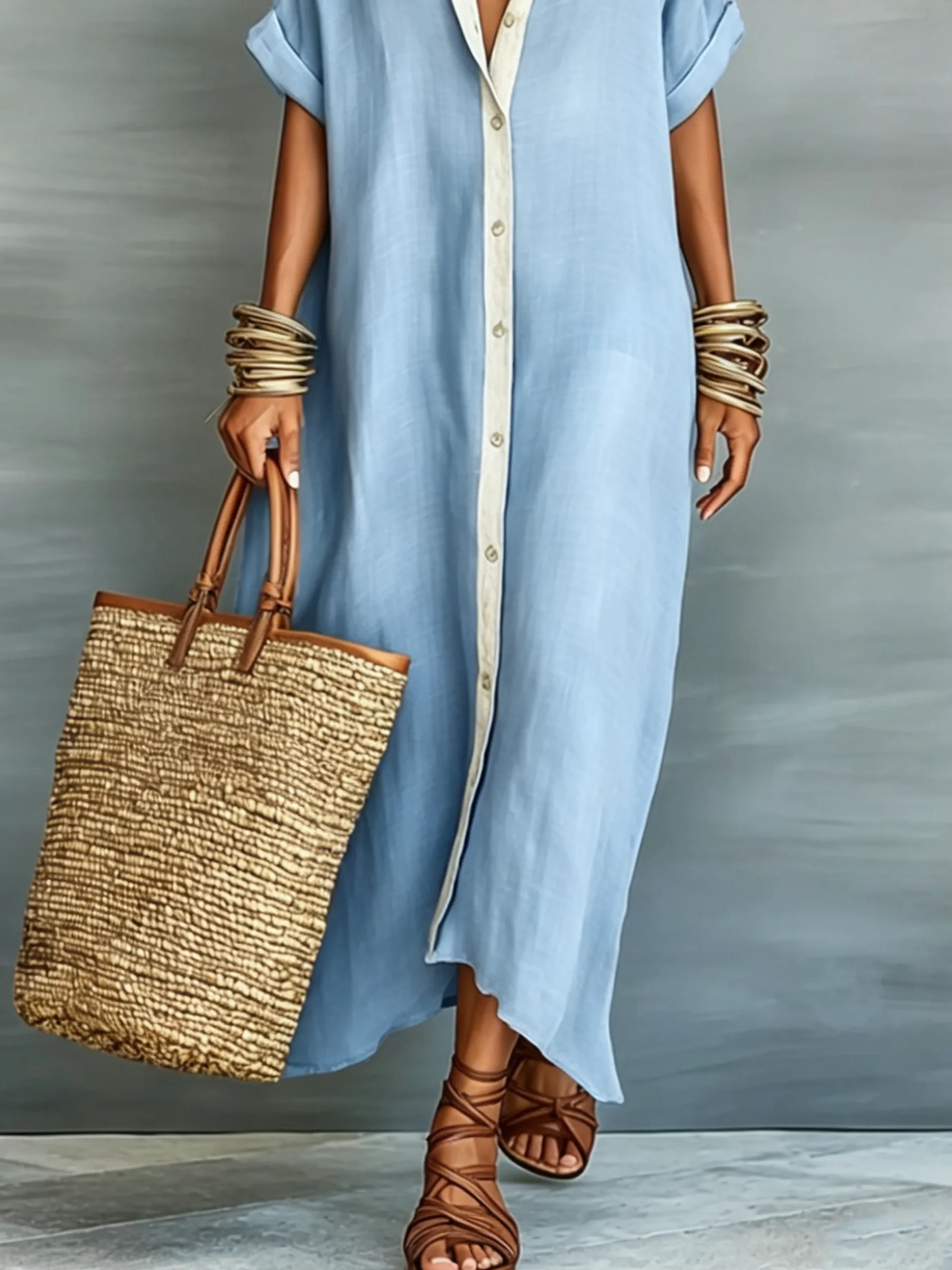 Casual Colorblock Relaxed Maxi Shirt Dress