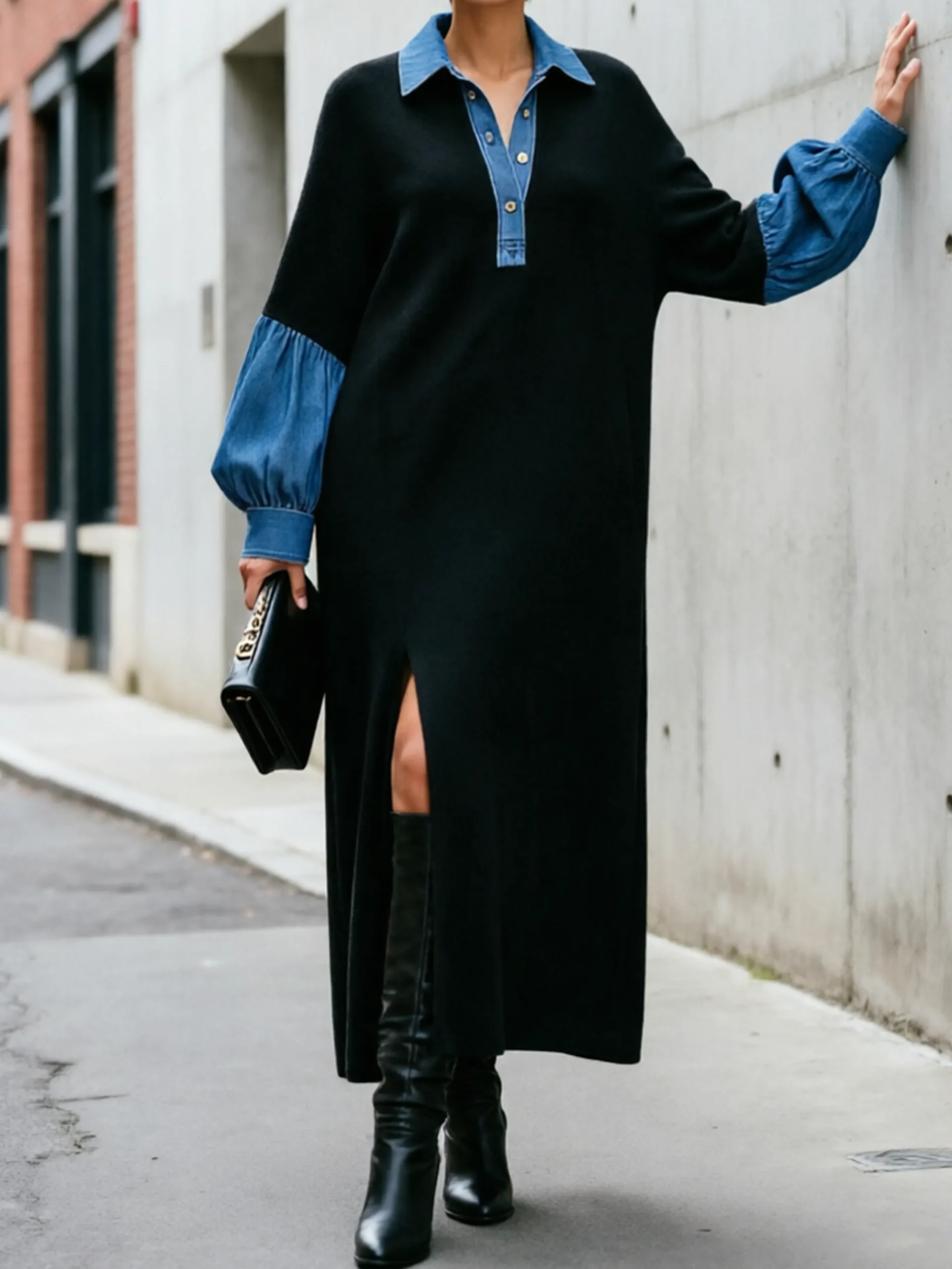 Casual Color Block Shirt Collar Maxi Dress