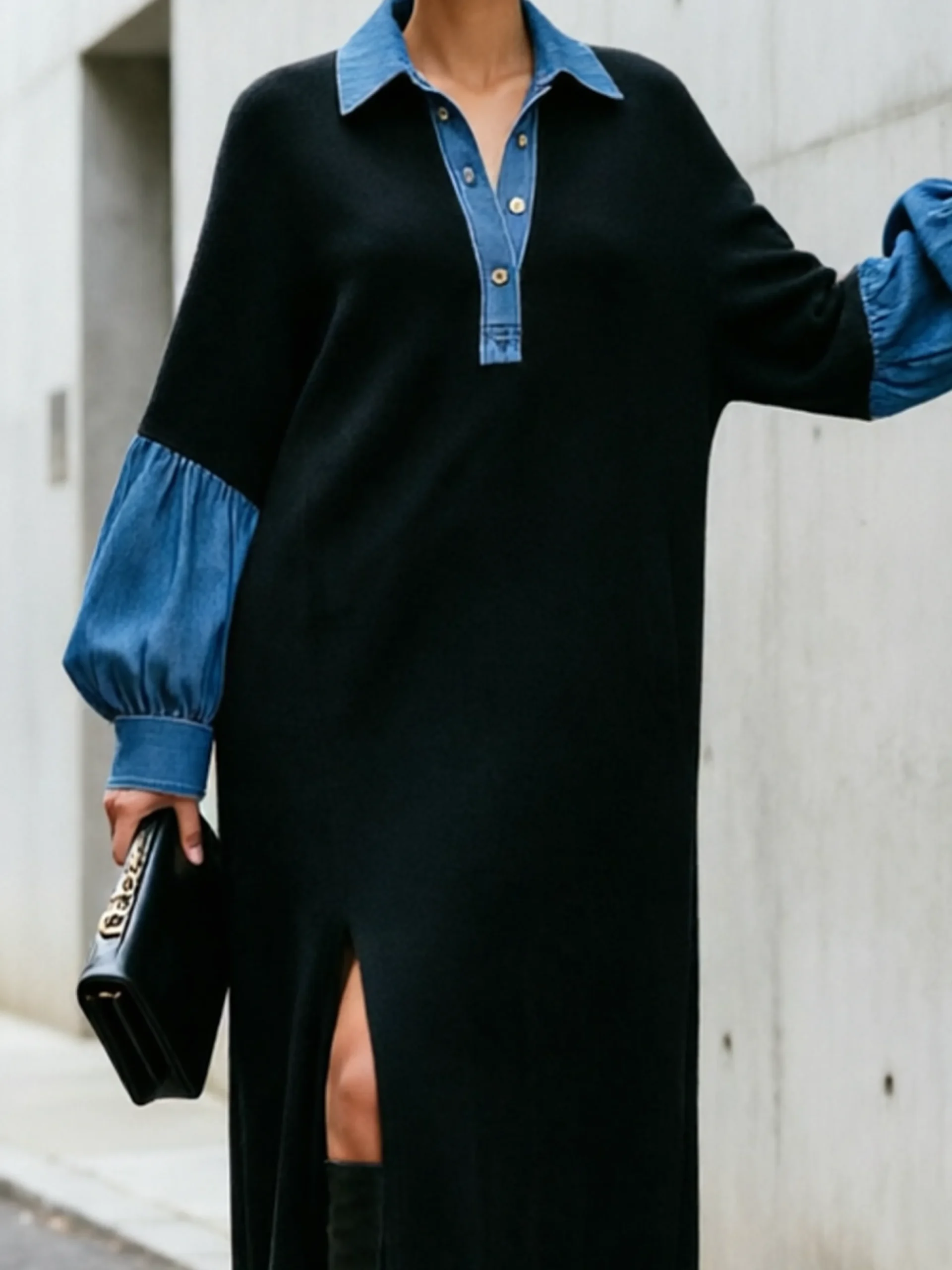 Casual Color Block Shirt Collar Maxi Dress