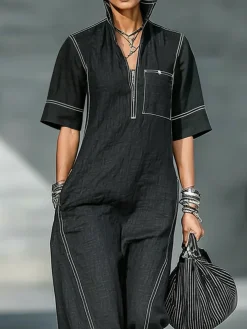 Casual Color Block Shirt Cotton And Linen Jumpsuit