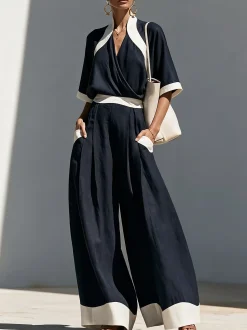 Casual Color Block Split Joint Wide Leg Pants