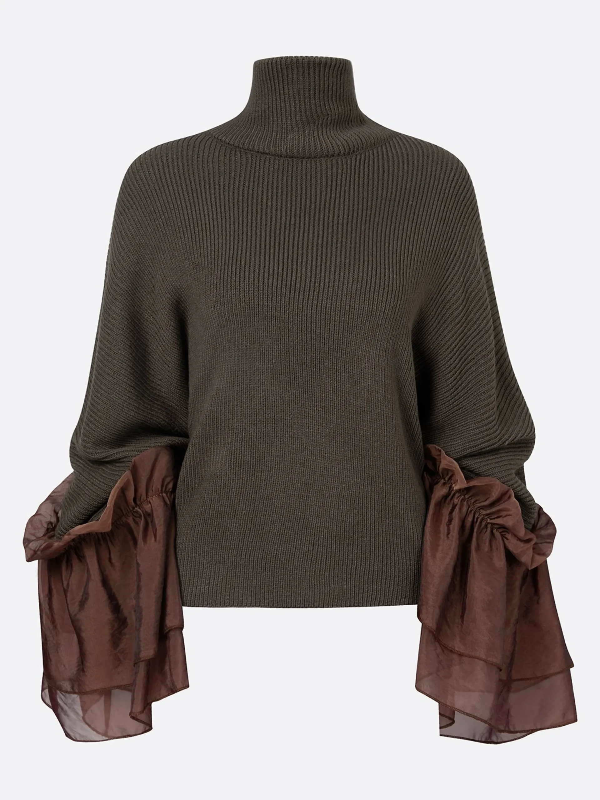 Casual Color Block Turtleneck Sweater with Sheer Ruffle Cuffs