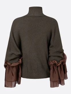 Casual Color Block Turtleneck Sweater with Sheer Ruffle Cuffs
