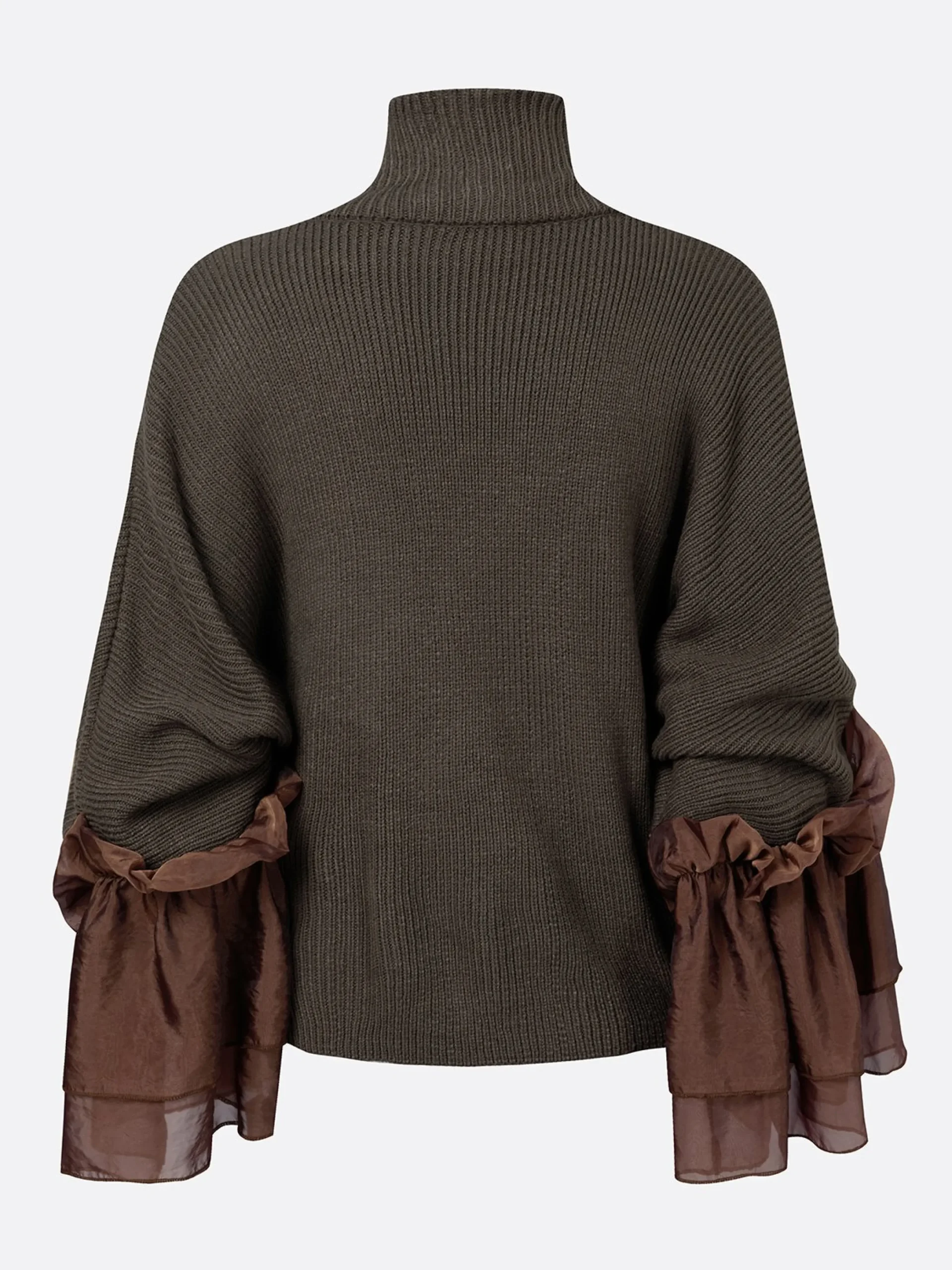 Casual Color Block Turtleneck Sweater with Sheer Ruffle Cuffs