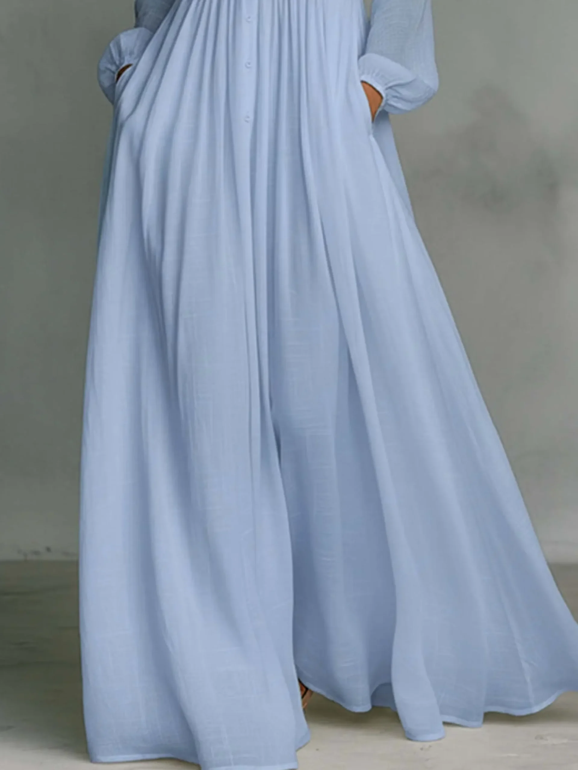 Casual Cotton Linen Maxi Dress High Waist Stand Collar Daily