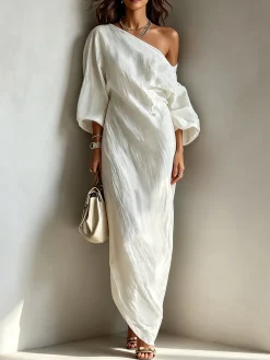 Casual Cotton Linen Maxi Dress Asymmetrical H-Line