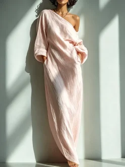 Casual Cotton Linen Maxi Dress Asymmetrical H-Line