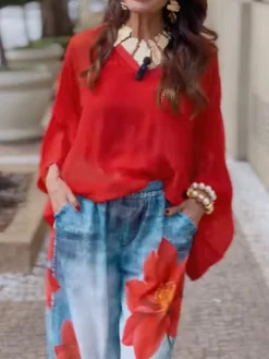 Casual Denim Print Graphic Printing Floral Wide Leg Pants