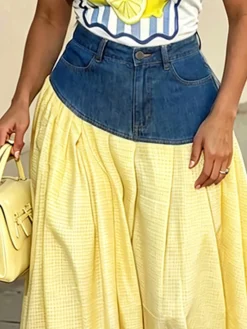 Casual Distressing Split JointColor Block Maxi Skirt