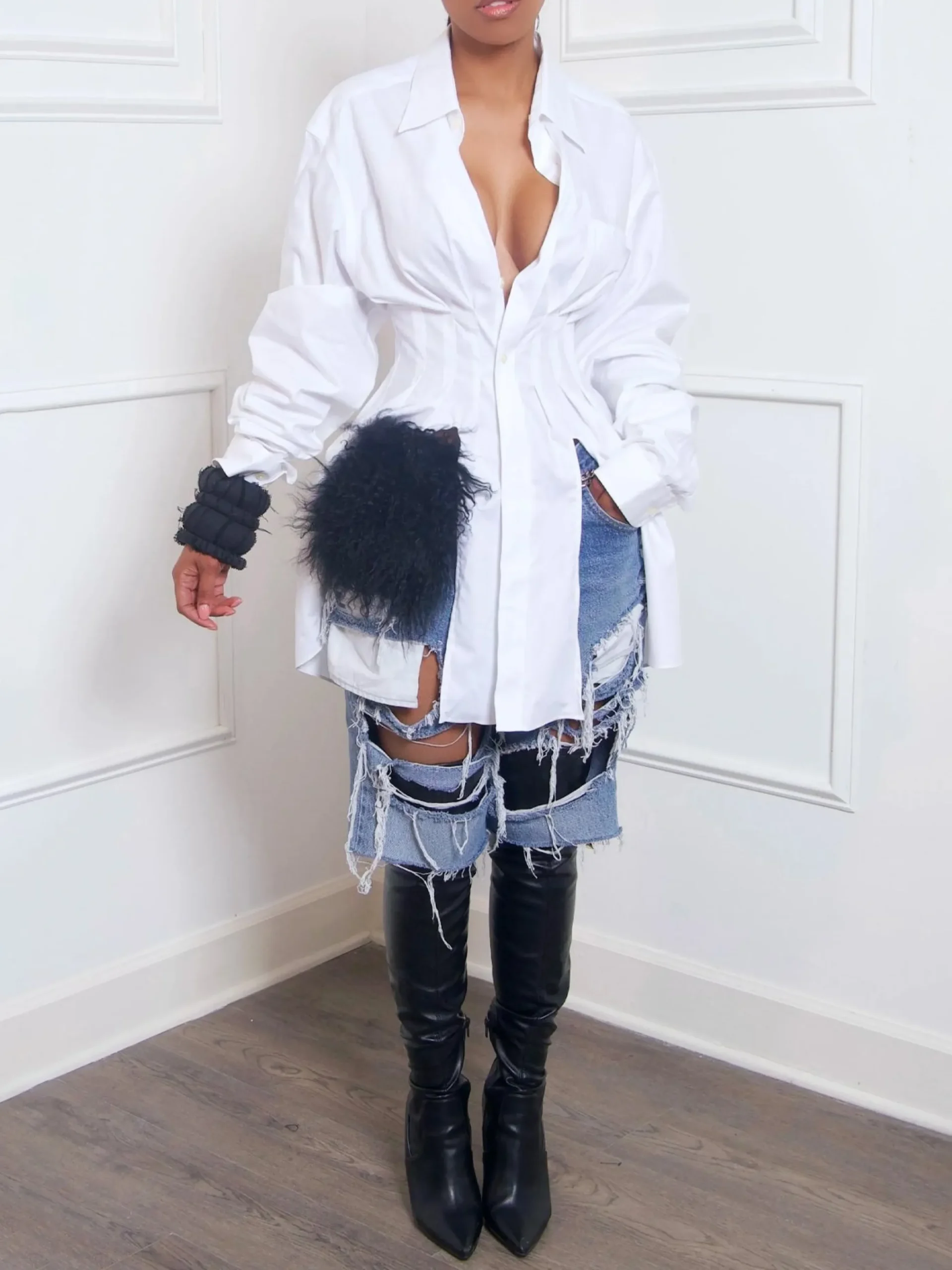 Casual Edgy Distressed Jean Shorts with Cargo Pockets