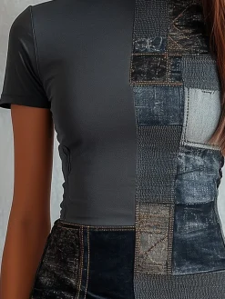 Casual Faux Denim Print Graphic Crew Neck T-shirt