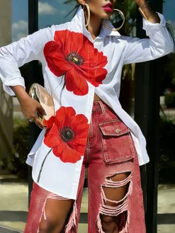 Casual Floral Printing Shirt Collar Shirt