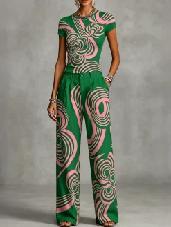 Casual Geometric Floral Straight Pants