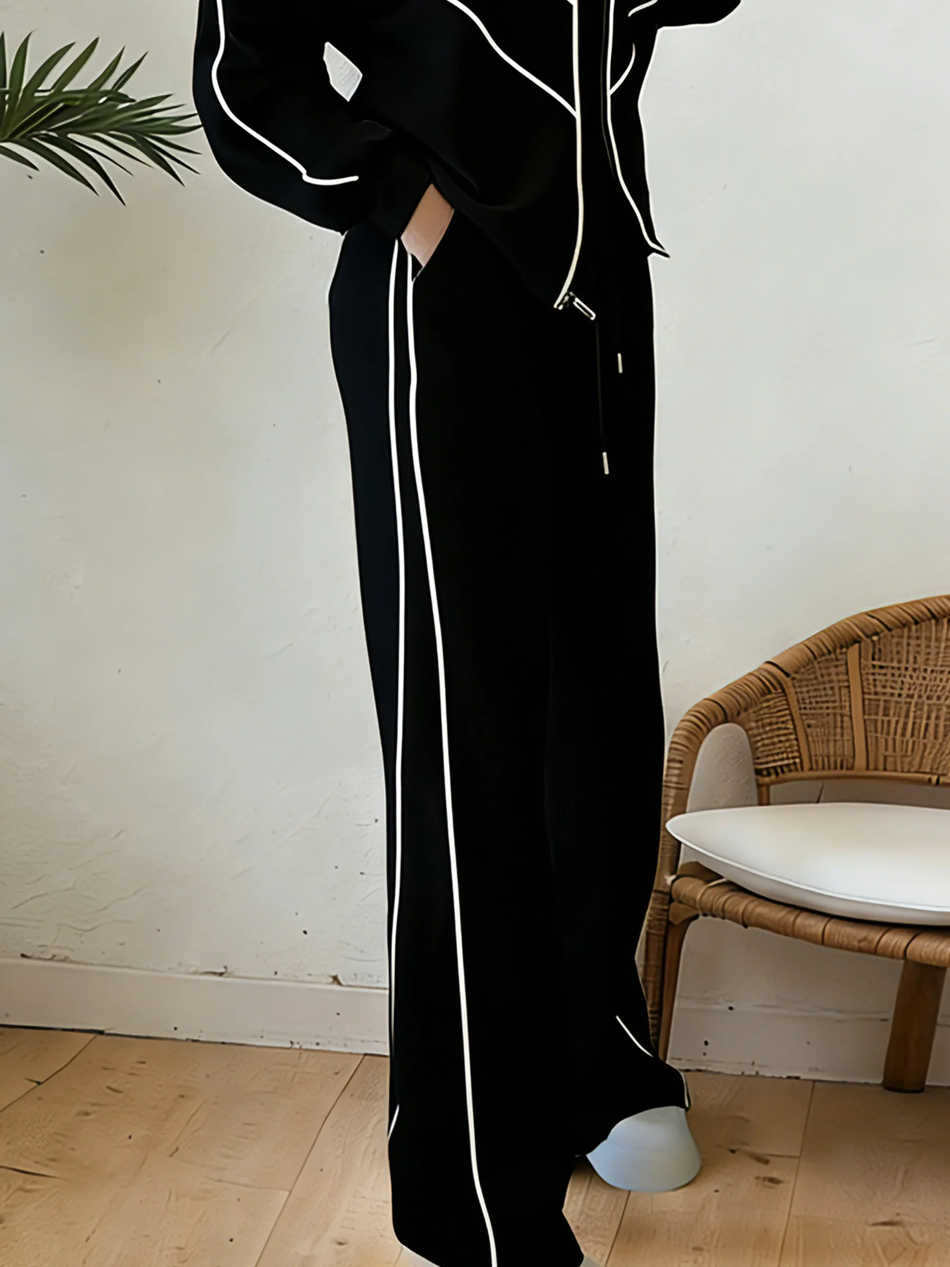 Casual High Waist Wide Leg Pants Color Block H-Line Daily Trousers
