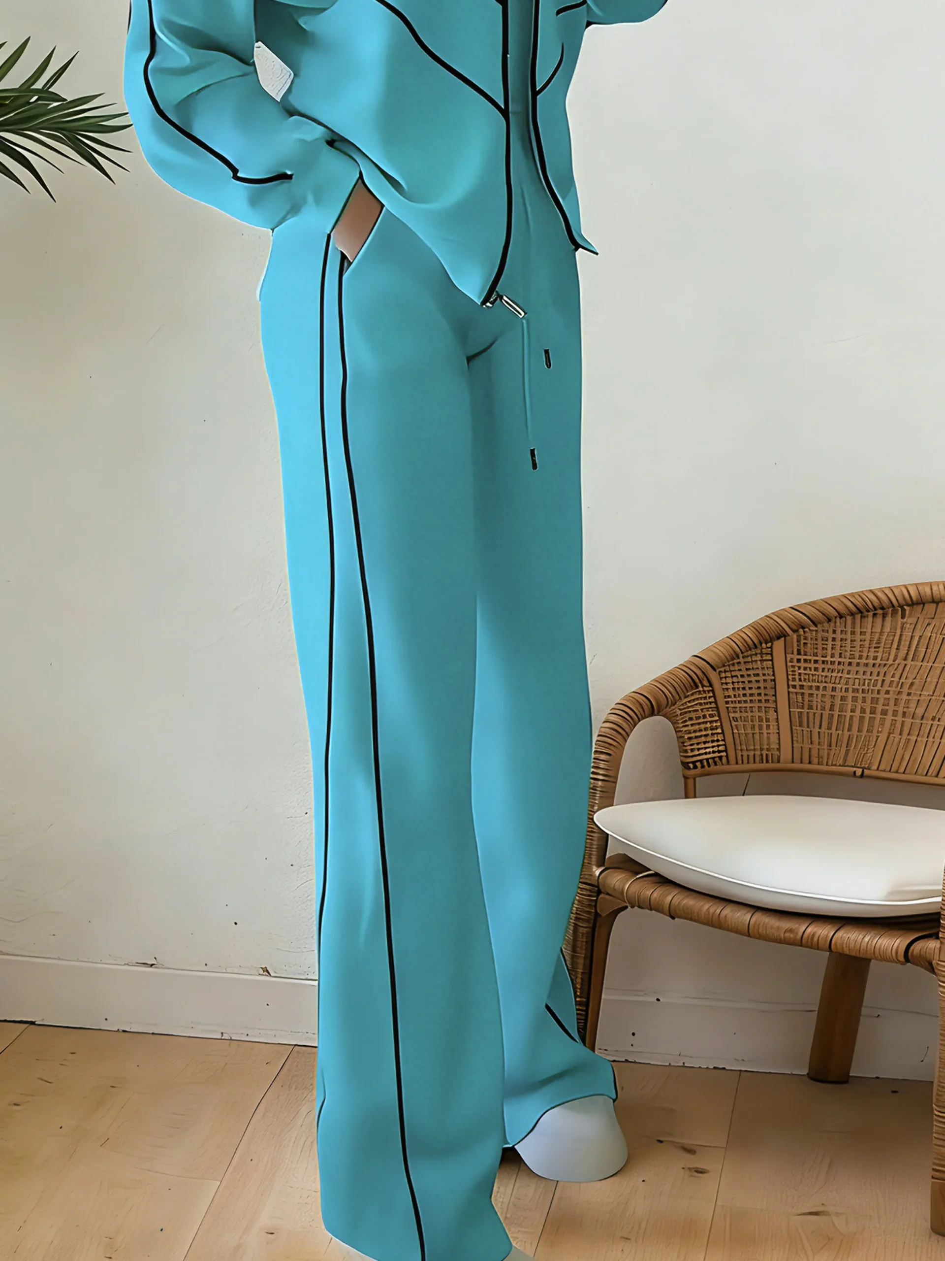 Casual High Waist Wide Leg Pants Color Block H-Line Daily Trousers