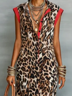 Casual Leopard Colorblock Tailored Maxi Dress