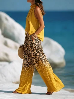Casual Leopard Colorblock Wide Leg Pants No Belt