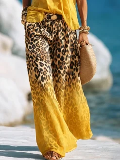Casual Leopard Colorblock Wide Leg Pants No Belt