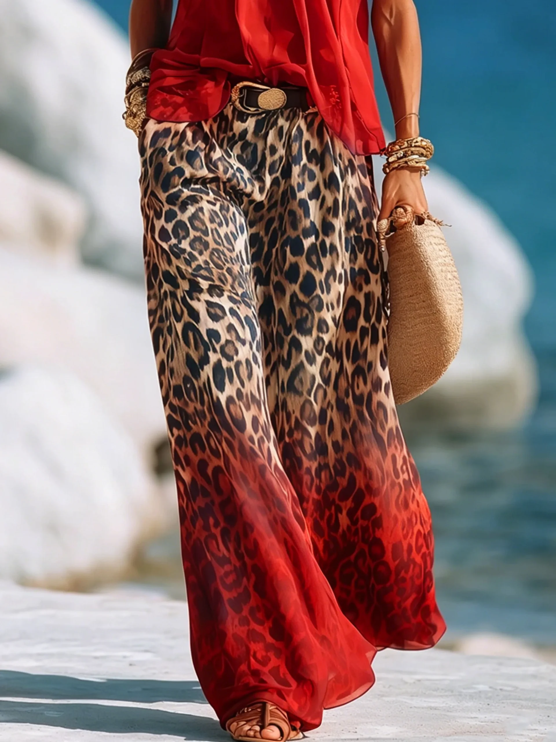 Casual Leopard Colorblock Wide Leg Pants No Belt