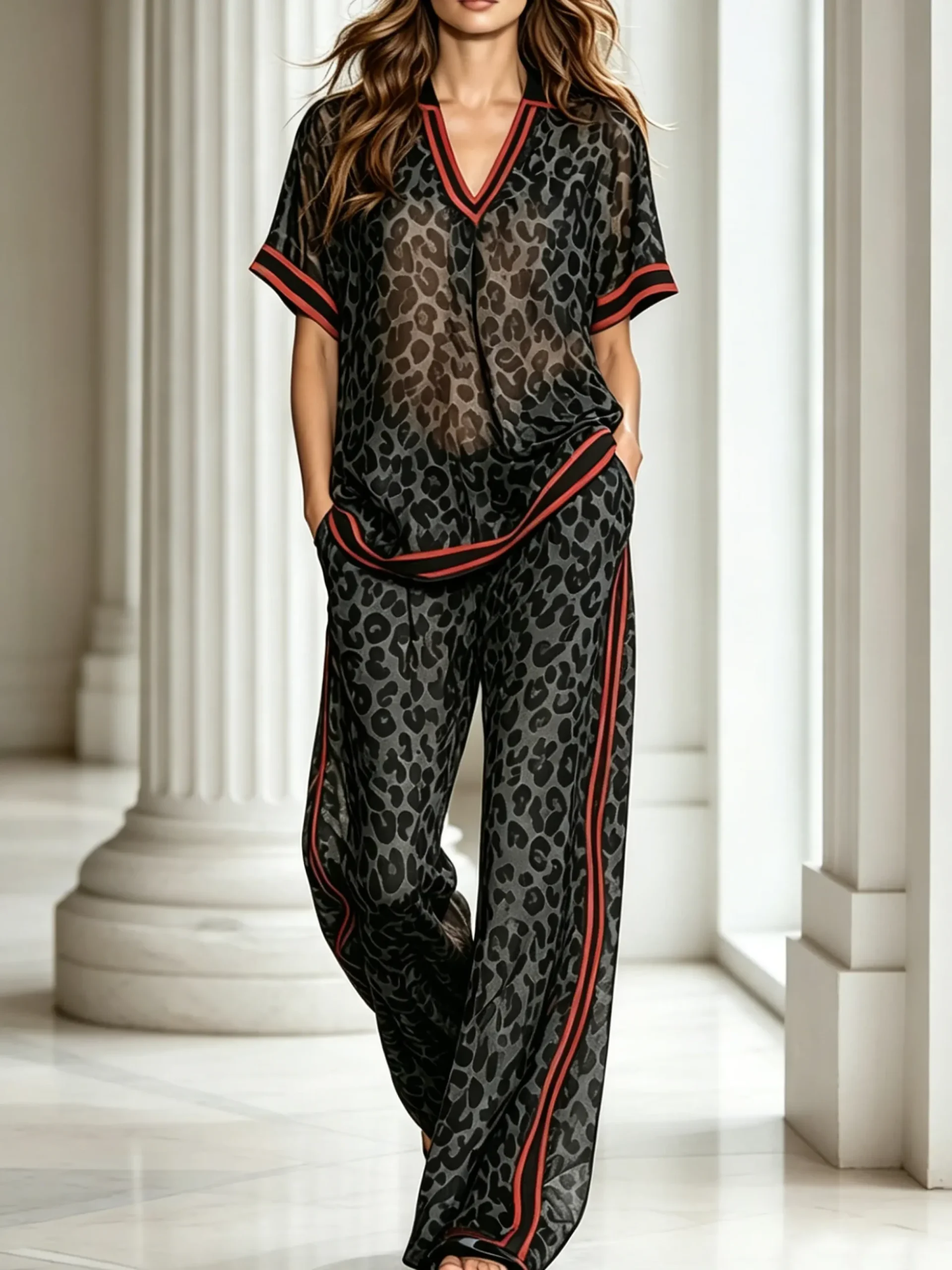 Casual Leopard Printing Wide Leg Pants