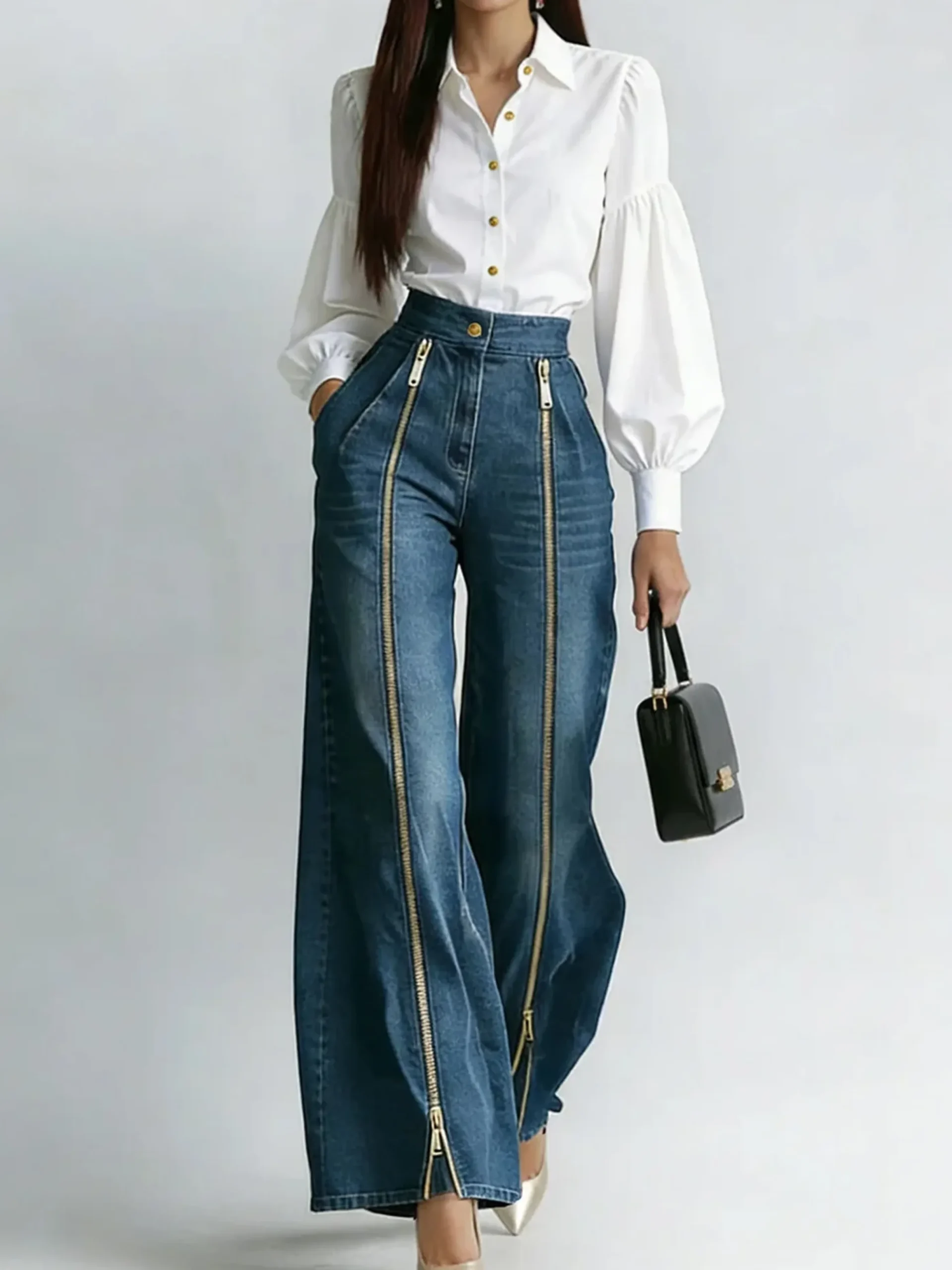 Casual Long Straight Pants H-Line Zipper Regular Fit Daily