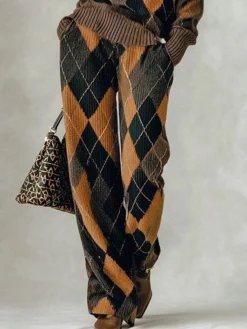 Casual Plaid Sweater Straight Pants