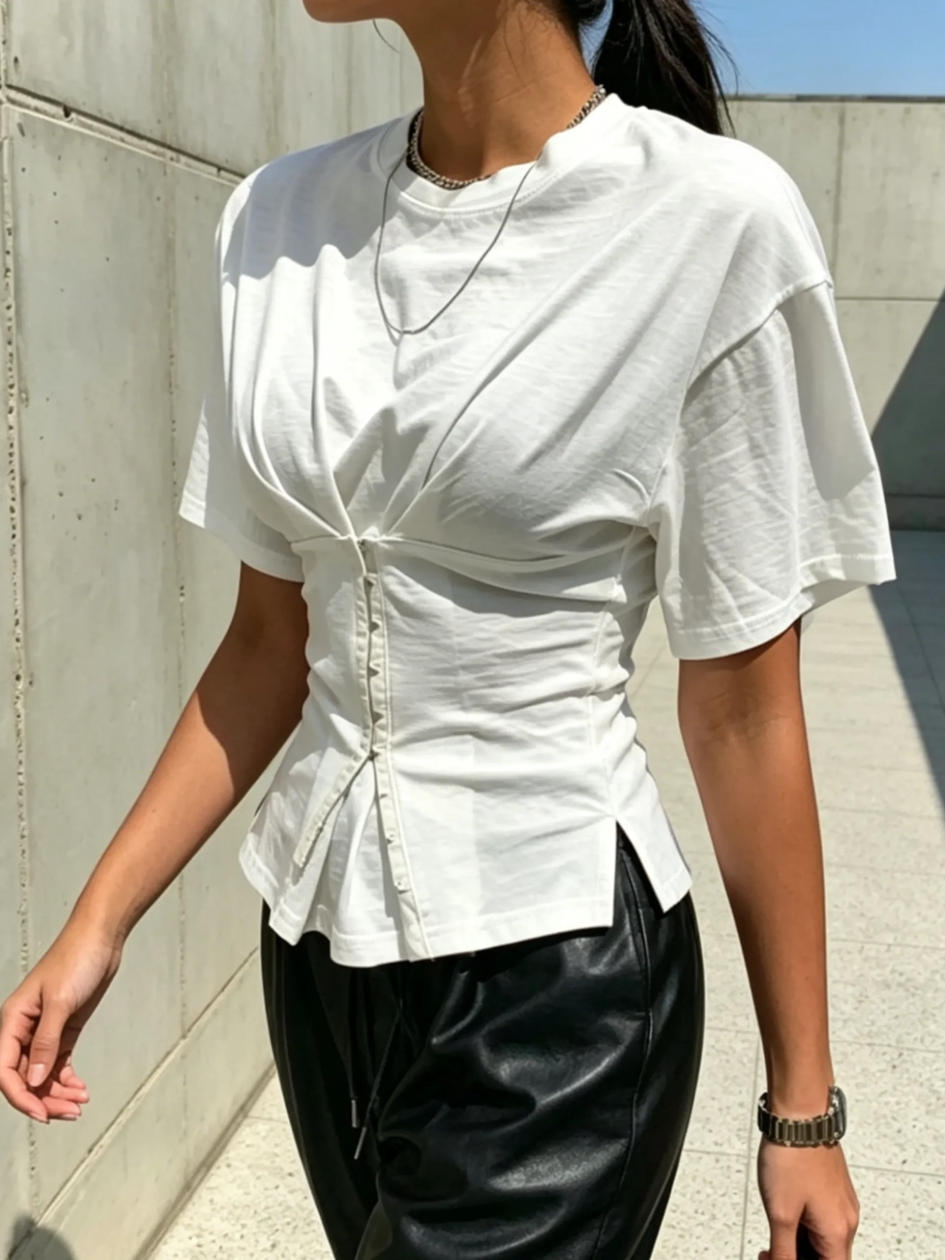 Casual Plain Button Detail T-shirt