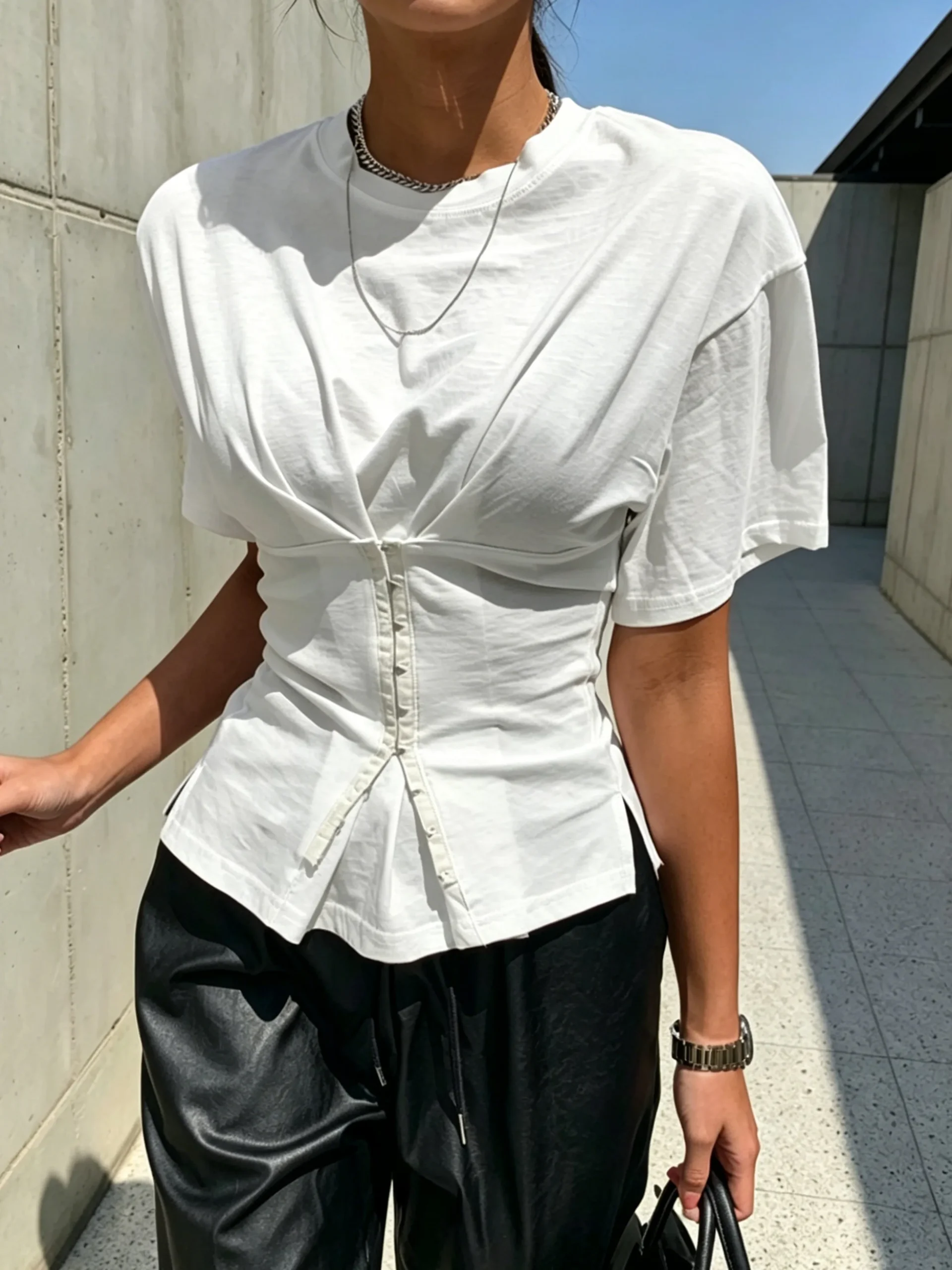 Casual Plain Button Detail T-shirt