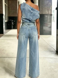 Casual Plain Distressing Off The Shoulder Denim Top