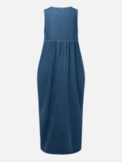Casual Plain Distressing U-Neck Denim Maxi Dress