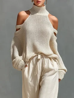 Casual Plain Hollow Out Turtleneck Sweater