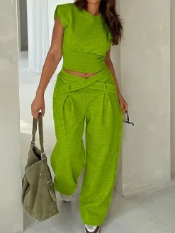 Casual Plain Pockets Cross Fashion Pants
