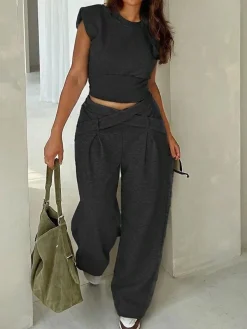 Casual Plain Pockets Cross Fashion Pants